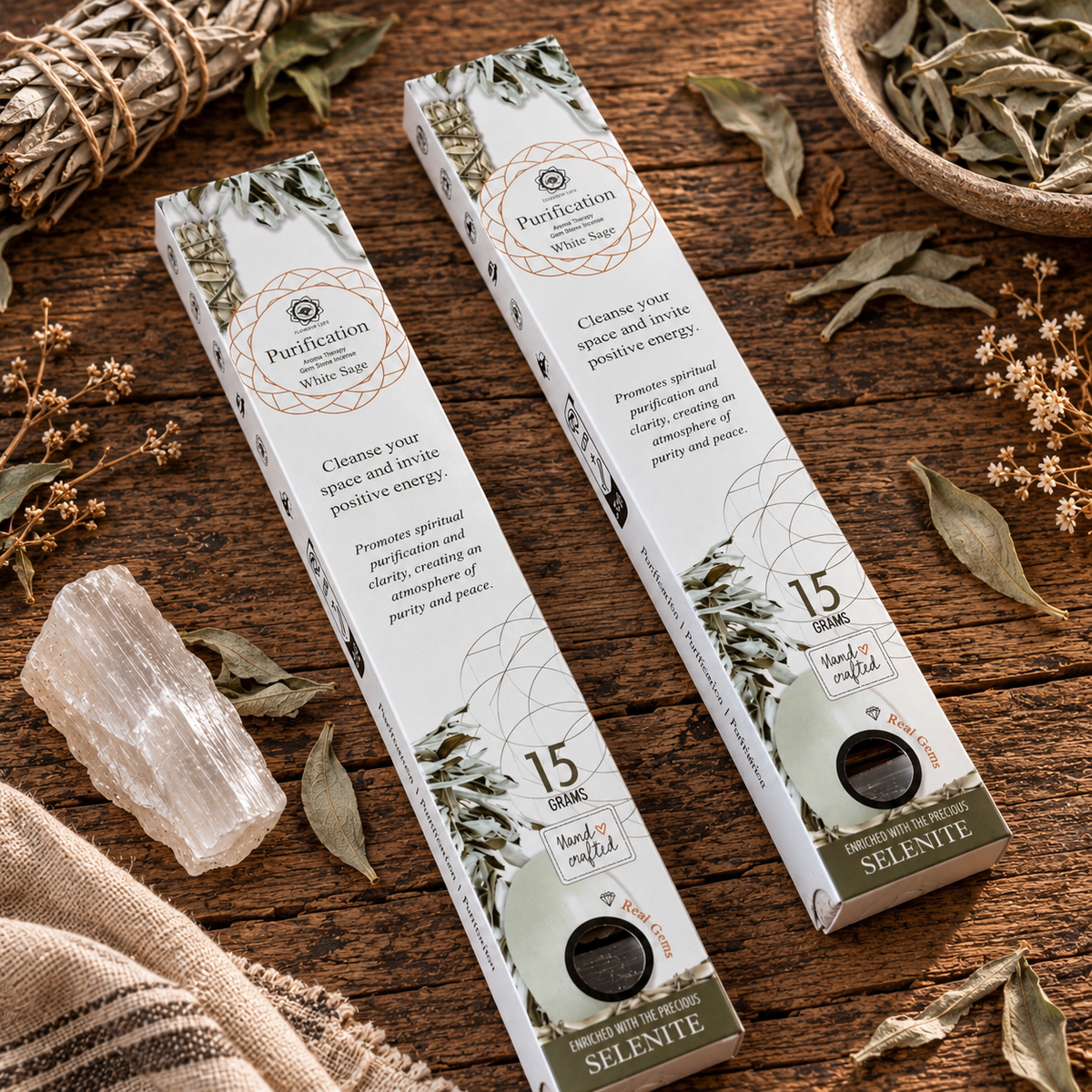 White Sage Purification incense with selenite, 15 g handcrafted incense boxes displayed with dried sage and a selenite crystal.