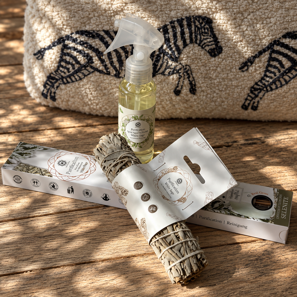 White sage ritual set featuring 100 ml Florida Water Spray, sage smudge stick and White Sage Selenite incense.