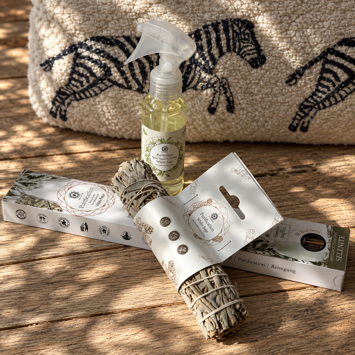 White sage ritual set featuring 100 ml Florida Water Spray, sage smudge stick and White Sage Selenite incense.