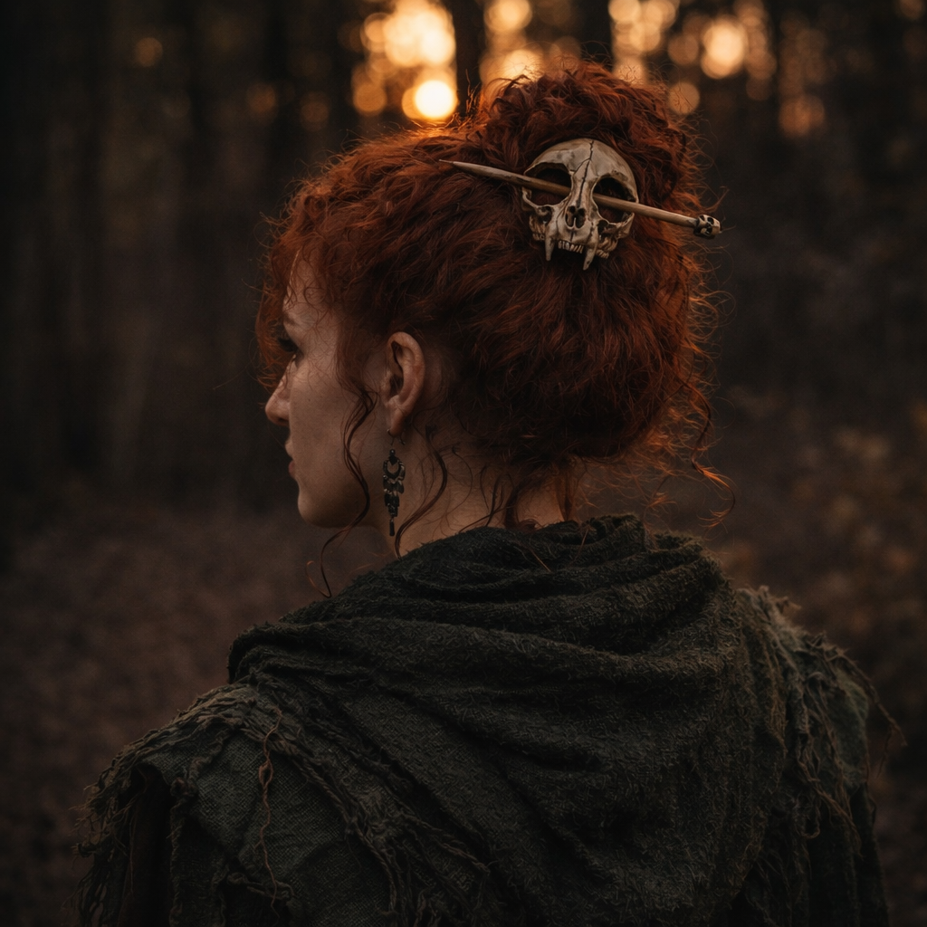 Model wearing a bone-look wolf-skull-style hair stick with a small skull detail
